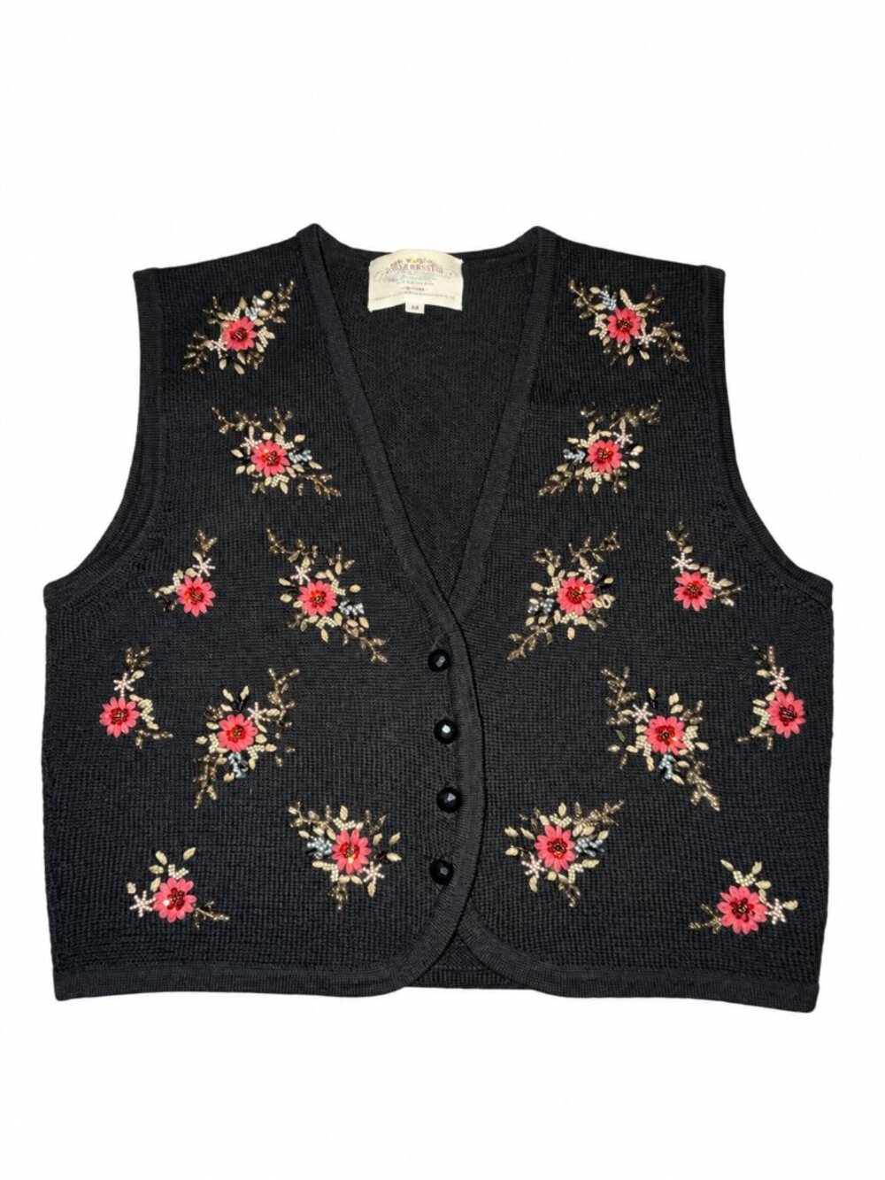 Vintage Susan Bristol 100% Wool Hand Embroidered Beaded Floral Vest M Petite